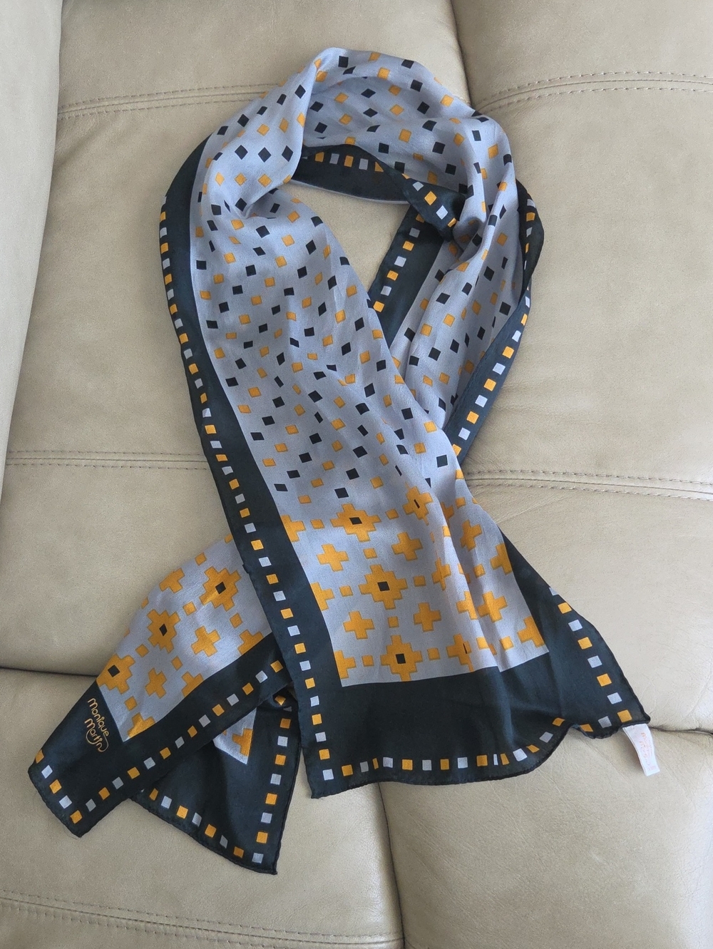 Silk 100% Geometric Gray & Mustard Lightweight Scarf by Monique Martin
